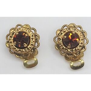 Vintage Western Germany Earrings Rhinestone Gold Tone Signed Clip Ons